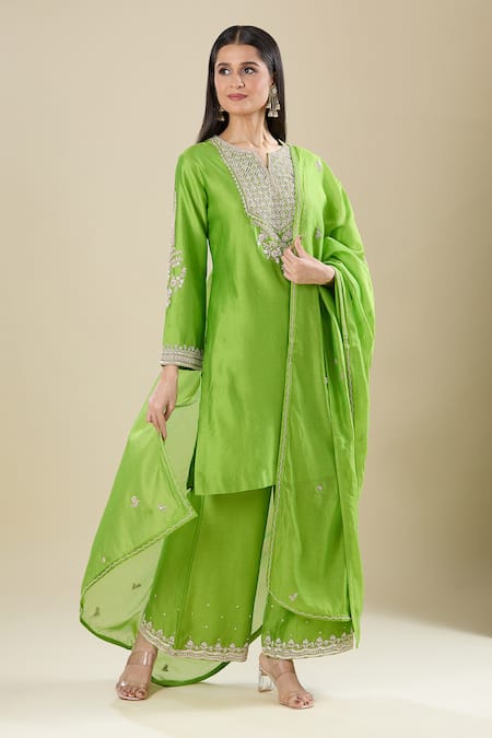 Matsya_Green Silk Sequins, Embroidery Split V-neck Lime Kurta Pant Set _Online_at_Aza_Fashions