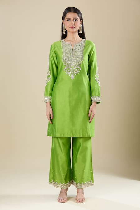 Buy_Matsya_Green Silk Sequins, Embroidery Split V-neck Lime Kurta Pant Set _Online_at_Aza_Fashions