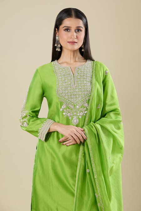 Shop_Matsya_Green Silk Sequins, Embroidery Split V-neck Lime Kurta Pant Set _Online_at_Aza_Fashions