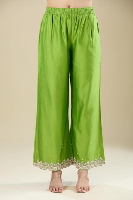 Matsya_Green Silk Sequins, Embroidery Split V-neck Lime Kurta Pant Set _at_Aza_Fashions