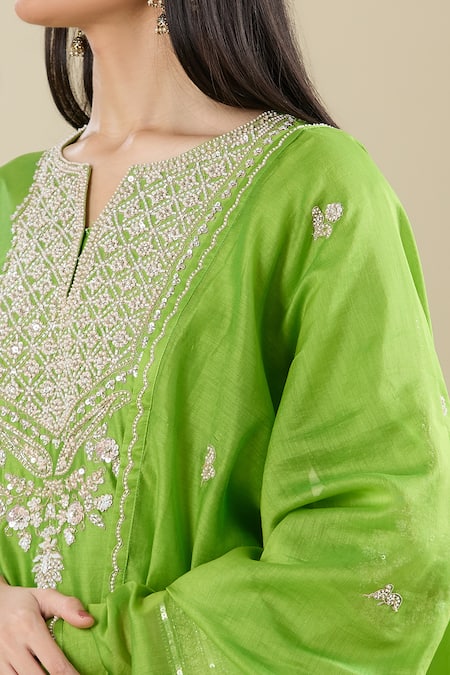Buy_Matsya_Green Silk Sequins, Embroidery Split V-neck Lime Kurta Pant Set 