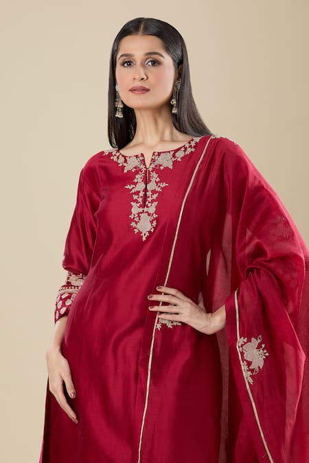 Buy_Matsya_Red Silk Embroidery Round Neck Kurta Pant Set _Online_at_Aza_Fashions
