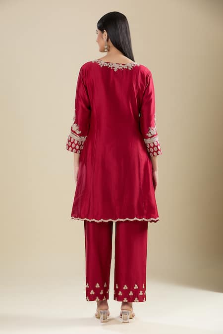 Matsya Red Silk Kurta Pant Set 