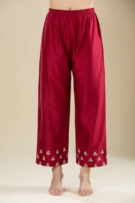 Matsya_Red Silk Embroidery Round Neck Kurta Pant Set _at_Aza_Fashions