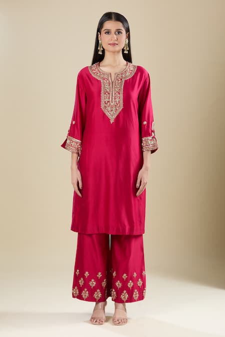 Matsya_Pink Silk Embroidery Split V-neck Rani Kurta Pant Set _Online_at_Aza_Fashions