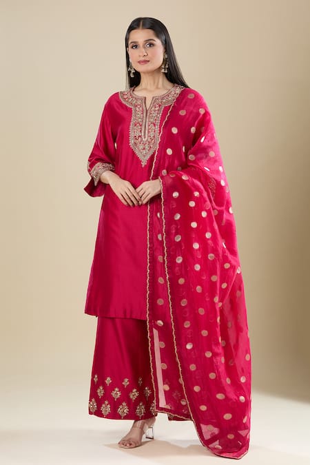 Matsya Pink Silk Embroidery Split V-neck Rani Kurta Pant Set 