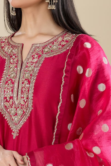 Shop_Matsya_Pink Silk Embroidery Split V-neck Rani Kurta Pant Set _Online_at_Aza_Fashions