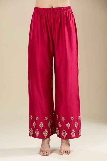 Matsya_Pink Silk Embroidery Split V-neck Rani Kurta Pant Set _at_Aza_Fashions