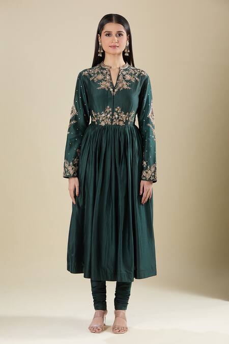 Matsya_Green Silk Embroidery Split V-neck Bottle Anarkali Set _Online_at_Aza_Fashions