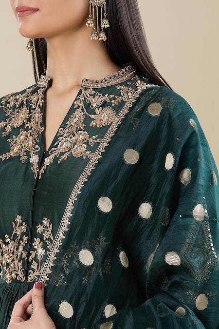 Buy_Matsya_Green Silk Embroidery Split V-neck Bottle Anarkali Set _Online_at_Aza_Fashions