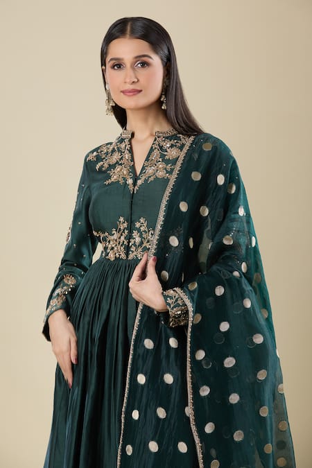 Matsya_Green Silk Embroidery Split V-neck Bottle Anarkali Set _at_Aza_Fashions