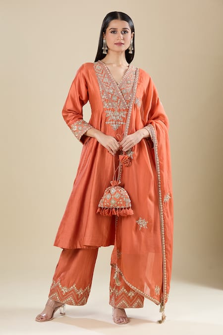 Matsya_Orange Silk Embroidery V-neck Anarkali Set _Online_at_Aza_Fashions