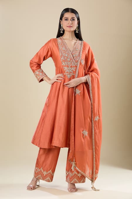 Matsya Orange Silk Embroidery V-neck Anarkali Set 