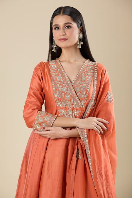 Buy_Matsya_Orange Silk Embroidery V-neck Anarkali Set _Online_at_Aza_Fashions