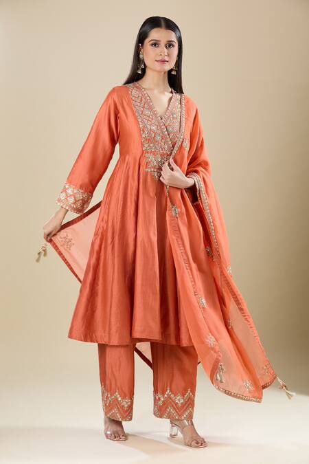 Shop_Matsya_Orange Silk Embroidery V-neck Anarkali Set _Online_at_Aza_Fashions