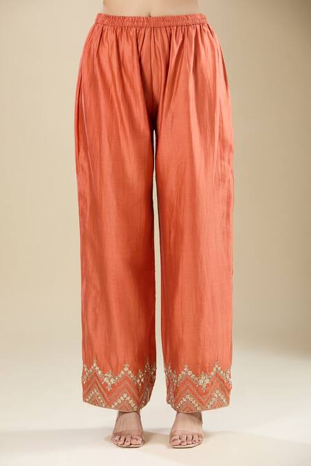 Matsya_Orange Silk Embroidery V-neck Anarkali Set _at_Aza_Fashions