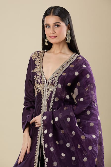 Matsya_Purple Silk Embroidery V-neck Kalidar Kurta Sharara Set _Online_at_Aza_Fashions