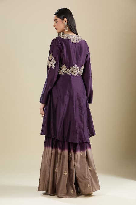 Matsya Purple Silk Kalidar Kurta Sharara Set 