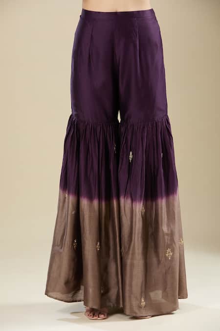 Buy_Matsya_Purple Silk Embroidery V-neck Kalidar Kurta Sharara Set _Online_at_Aza_Fashions