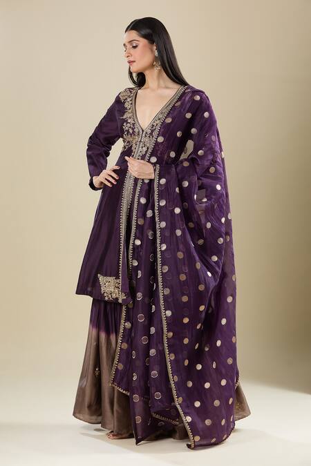 Shop_Matsya_Purple Silk Embroidery V-neck Kalidar Kurta Sharara Set _Online_at_Aza_Fashions