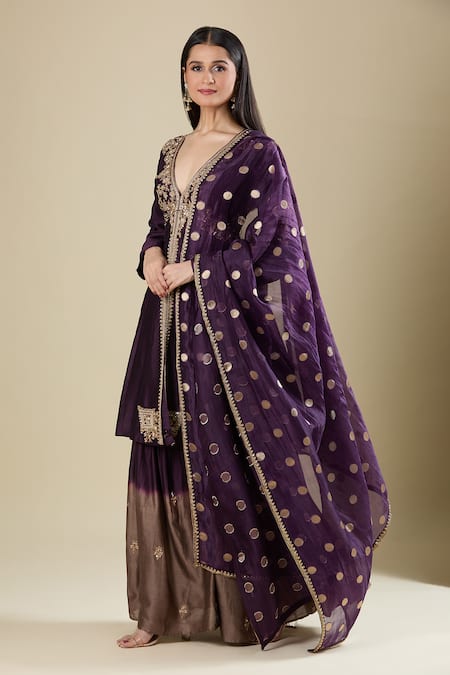 Matsya_Purple Silk Embroidery V-neck Kalidar Kurta Sharara Set _at_Aza_Fashions