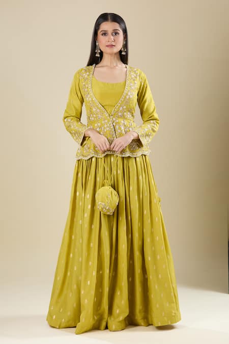 Buy_Matsya_Yellow Silk Embroidery Plunge , Round Jacket Skirt Set _Online_at_Aza_Fashions