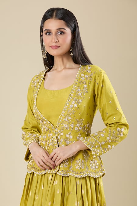 Shop_Matsya_Yellow Silk Embroidery Plunge , Round Jacket Skirt Set _Online_at_Aza_Fashions