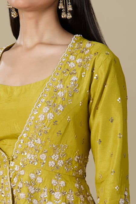 Buy_Matsya_Yellow Silk Embroidery Plunge , Round Jacket Skirt Set 