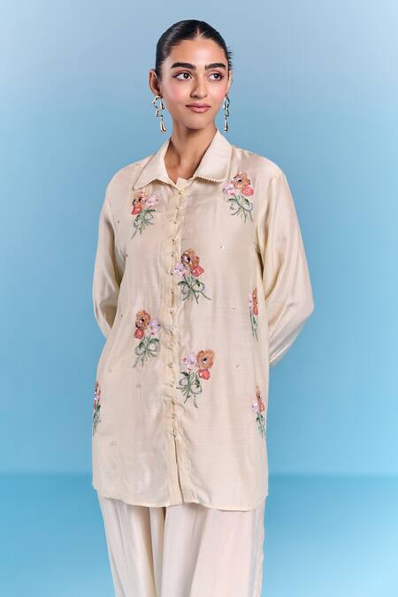 Shop_Kalista_Cream Silk, Viscose Embroidery Collared Era Draped Pant Set _Online_at_Aza_Fashions