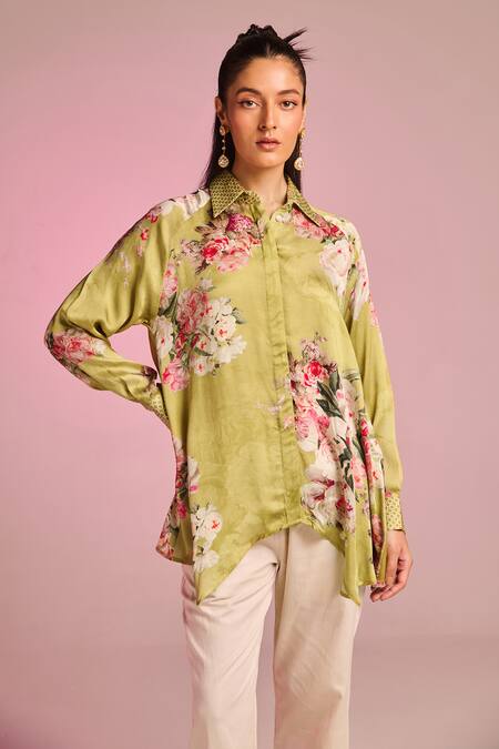 Kalista_Olive Green Satin, Viscose Embroidery Collared Kylie Pant Set _Online_at_Aza_Fashions