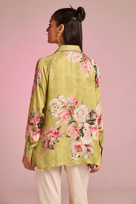 Shop_Kalista_Olive Green Satin, Viscose Embroidery Collared Kylie Pant Set _Online_at_Aza_Fashions