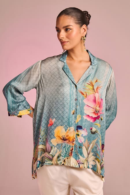 Shop_Kalista_Blue Satin, Viscose Collared Florin Pant Set _Online_at_Aza_Fashions