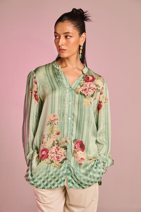 Shop_Kalista_Blue Satin, Viscose Embroidery Mandarin Collar Bella Pant Set _Online_at_Aza_Fashions