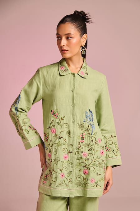 Shop_Kalista_Green Cotton, Linen Embroidery Collared Lyra Pant Set 