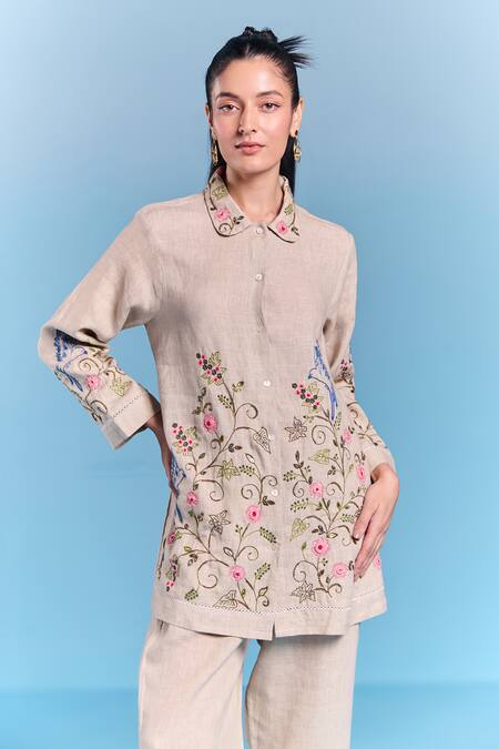 Shop_Kalista_Gray Cotton, Linen Embroidery Collared Lyra Pant Set _Online_at_Aza_Fashions