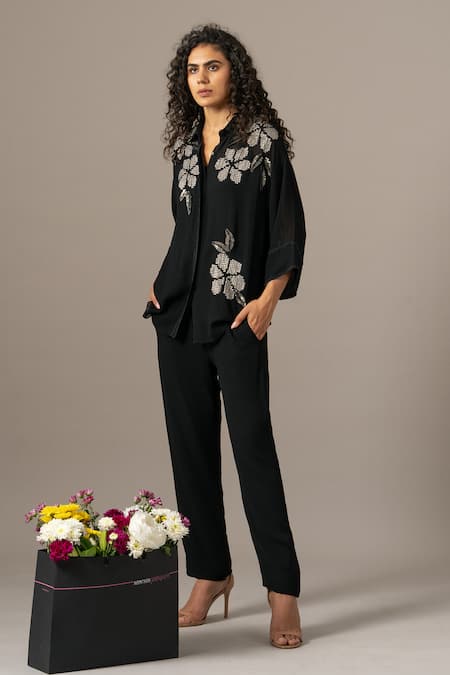 Namrata Joshipura Black Georgette Embroidery Collared Moonflower Front Open Coord Set 