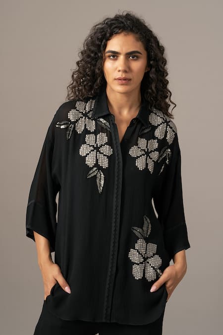 Namrata Joshipura Black Georgette Embroidery Collared Moonflower Front Open Coord Set at Aza Fashions Namrata Joshipura_Black Georgette Embroidery Collared Moonflower Front Open Coord Set _at_Aza_Fashions