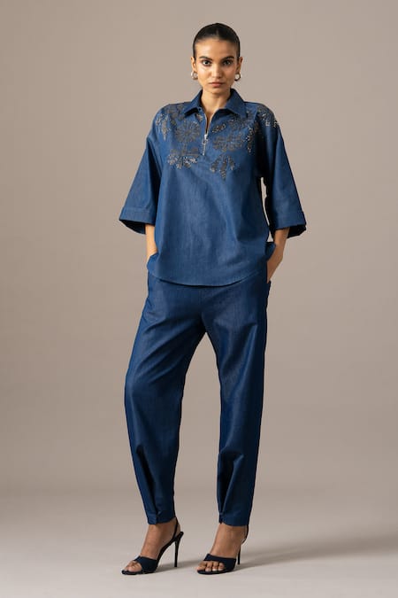 Namrata Joshipura Blue Denim Embroidery Collared Grace Zipper Top And Pant Set 