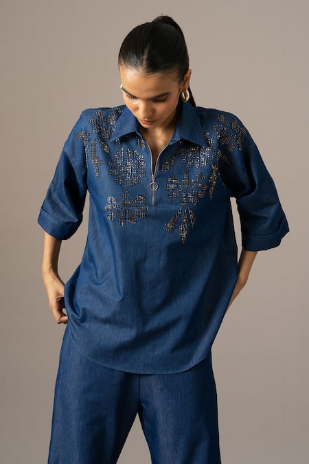 Shop_Namrata Joshipura_Blue Denim Embroidery Collared Grace Zipper Top And Pant Set _at_Aza_Fashions