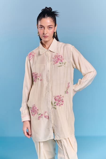 Buy_Kalista_Cream Silk, Viscose Embroidery Collared Jane Draped Pant Set _Online_at_Aza_Fashions