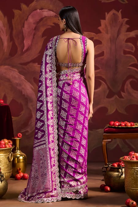 Shop Lashkaraa Magenta Brocade, Silk Sequins, Zari, Beads Round Embroidered Saree With Blouse at Aza Fashions Shop_Lashkaraa_Magenta Brocade, Silk Sequins, Zari, Beads Round Embroidered Saree With Blouse_at_Aza_Fashions