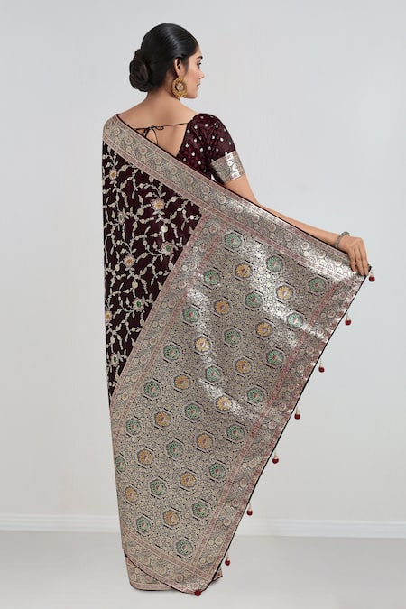 Samyukta Singhania Maroon Zari Woven Banarasi Saree With Blouse 