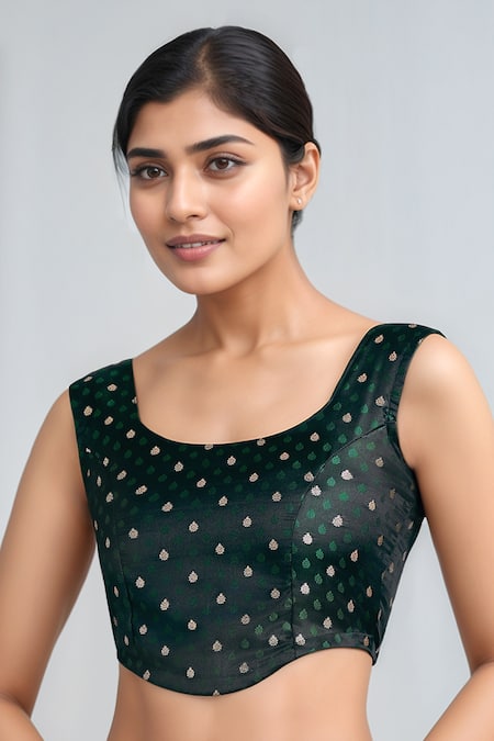 Shop_Samyukta Singhania_Green Zari Scoop Neck Dark Woven Banarasi Saree With Blouse 