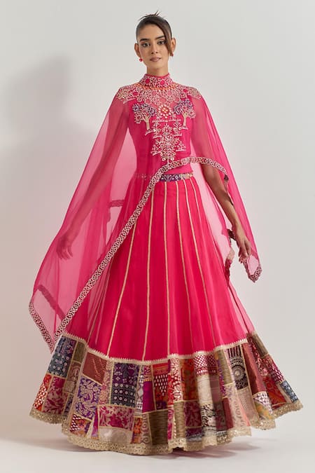 Kavita Bhartia Fuchsia Organza Patchwork, Embroidery, Zari, Lace, Mirrors High Cape Lehenga Set 