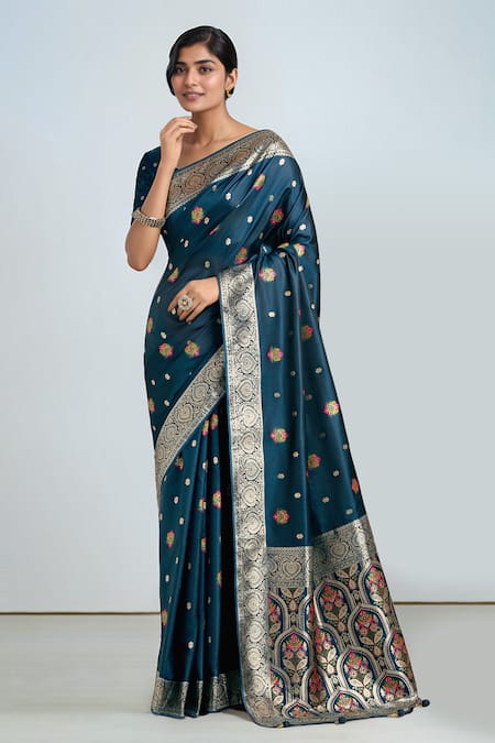 Samyukta Singhania Dark Teal Blue Zari Woven Banarasi Saree With Blouse 