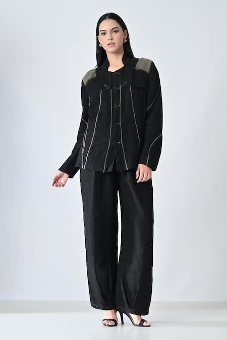 Samant Chauhan Black Linen Round Neck Charcoal Craft Pant Co-ord Set 