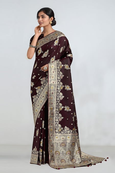 Samyukta Singhania Dark Maroon Zari Woven Saree With Blouse 