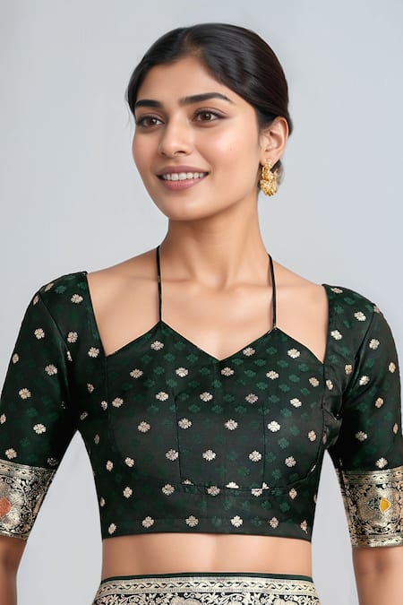 Shop_Samyukta Singhania_Green Zari V-neck Dark Woven Banarasi Saree With Blouse 