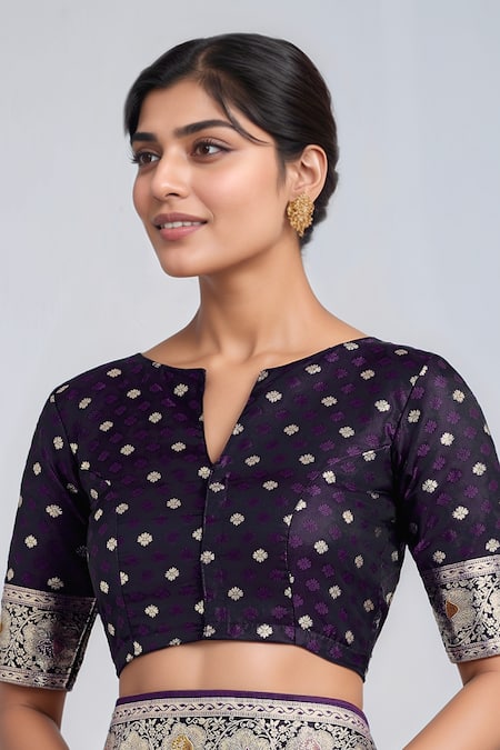 Shop_Samyukta Singhania_Purple Embroidery, Zari Round Neck Dark Woven Banarasi Saree With Blouse 