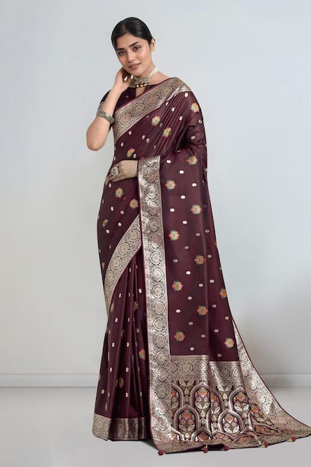 Samyukta Singhania Maroon Zari Woven Banarasi Saree Set 